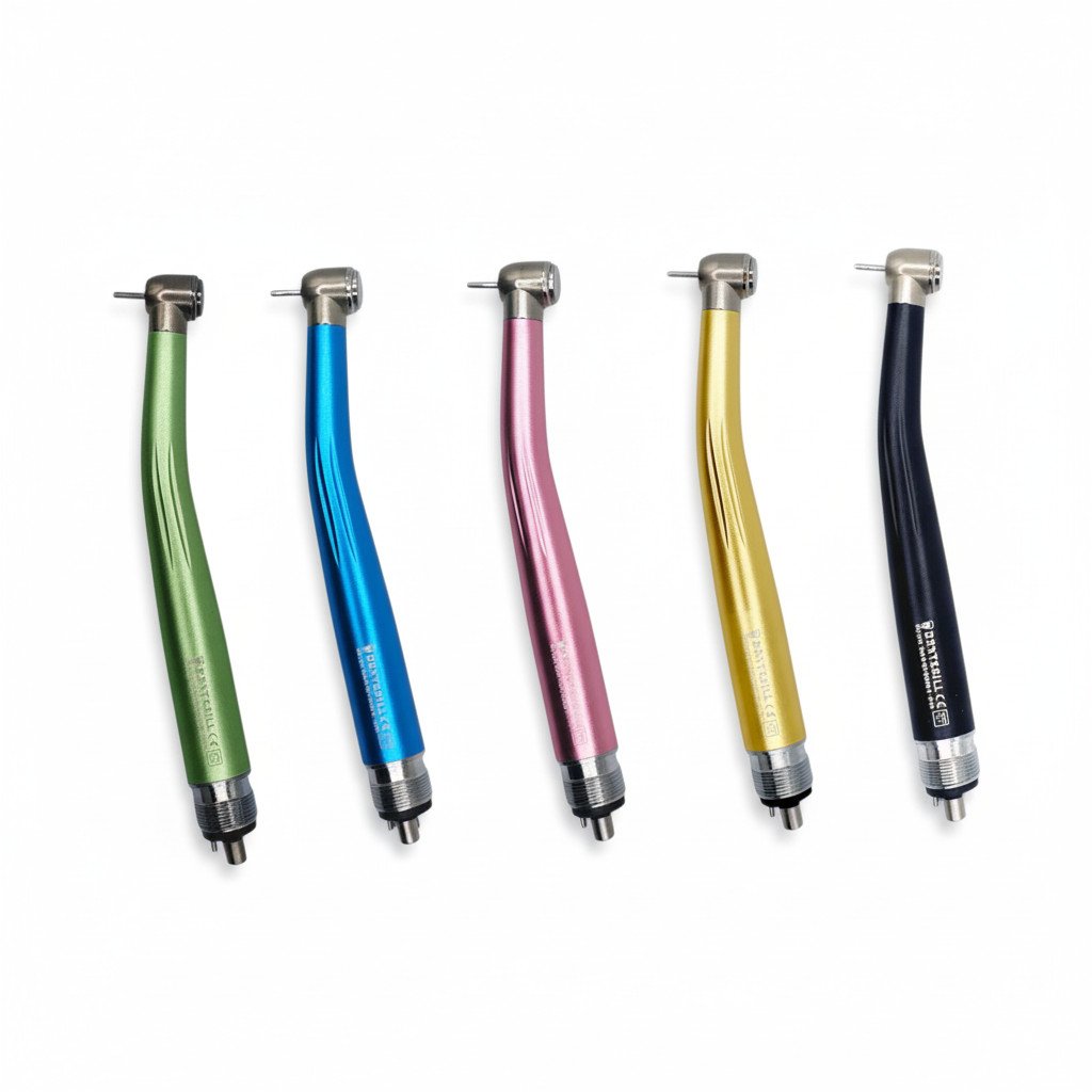 turbine-dentare-colorate-otel-dentskill Turbine profesionale DENTSKILL din otel inoxidabil de culori diferite: verde, albastru, roz, galben, negru.