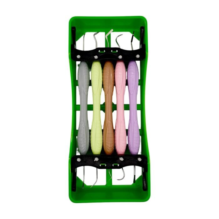 Set verde 5 spatule ergonomice pentru modelarea compozitului dentar, alternative LM-Arte, ideale pentru restaurări estetice în stomatologie.