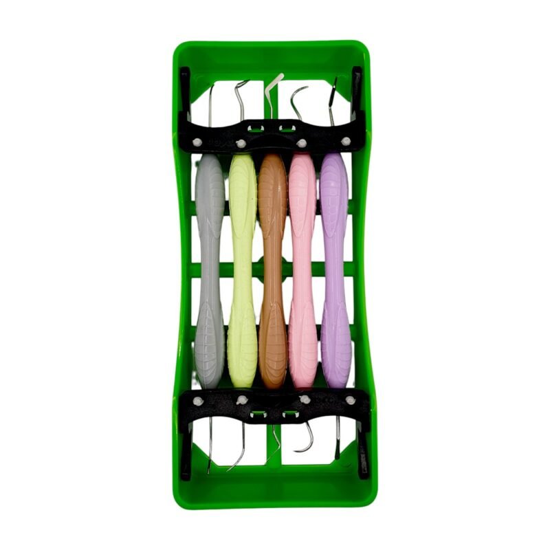Set verde 5 spatule ergonomice pentru modelarea compozitului dentar, alternative LM-Arte, ideale pentru restaurări estetice în stomatologie.