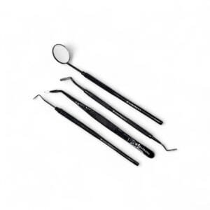 Trusă de Consultație Stomatologică 4 piese neagră: oglindă dentară, pensă dentară, sondă, spatulă bucală