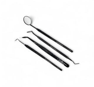 Trusă de Consultație Stomatologică 4 piese neagră: oglindă dentară, pensă dentară, sondă, spatulă bucală