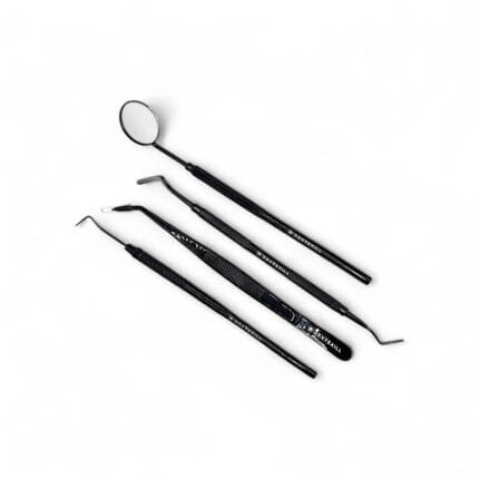Trusă de Consultație Stomatologică 4 piese neagră: oglindă dentară, pensă dentară, sondă, spatulă bucală
