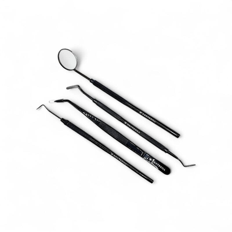 Trusă de Consultație Stomatologică 4 piese neagră: oglindă dentară, pensă dentară, sondă, spatulă bucală