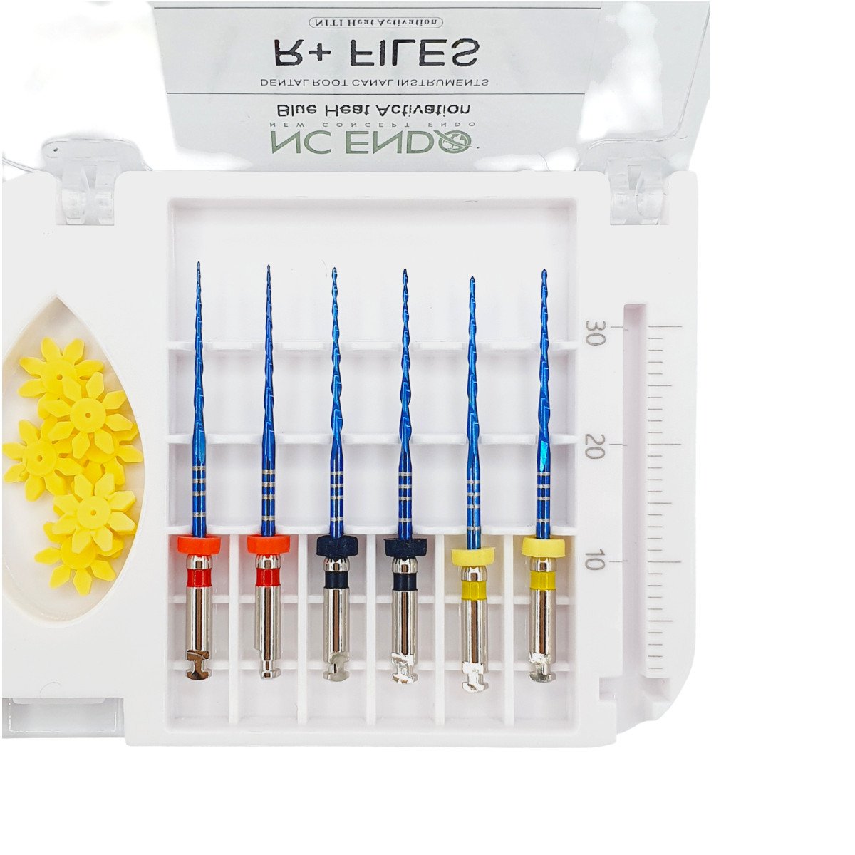 reciproc-asortate-r+files-nc-endo2 Detaliu cu rigla endo integrată și martorii de sterilizare ai trusei R+ Files.