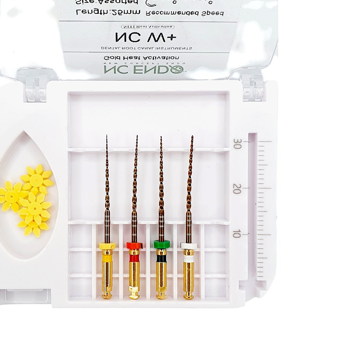 reciproc-w-plus-asortate-nc-endo3 Detaliu cu aliajul NiTi Gold și secțiunea transversală a acelor endodontice NC ENDO W+.