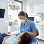 Medic dentist cu mască ventilată și lupe fără aburire.